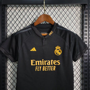 Kit Infantil Real Madrid Third 2023/24 - Adidas Torcedor - Preta/Dourada