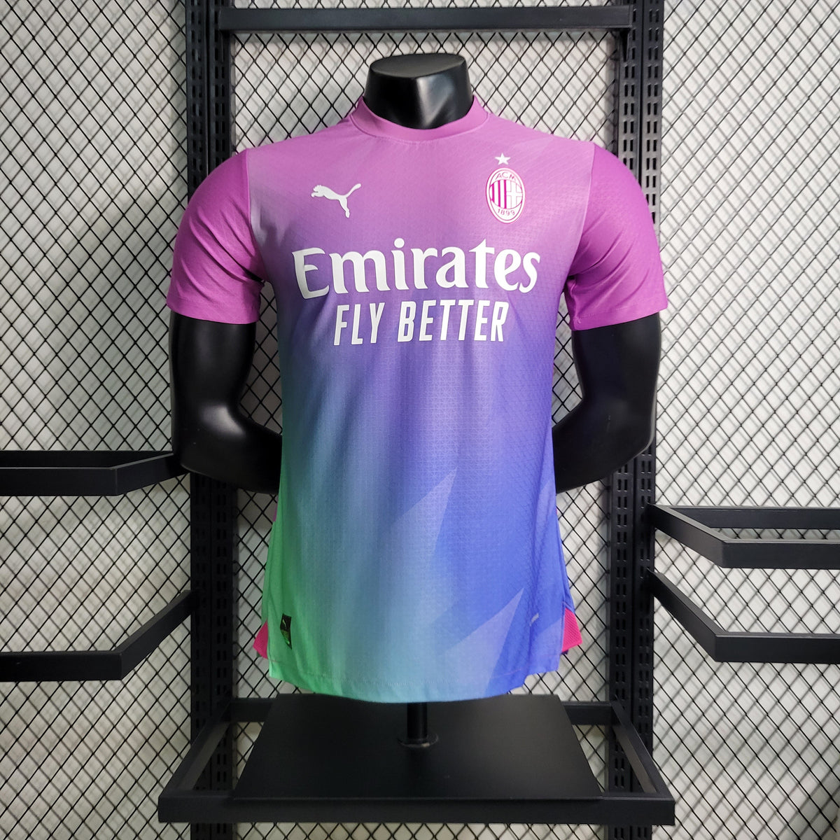 Camisa Milan Away 2023/24 - Puma Jogador Masculina - Rosa/Azul/Verde