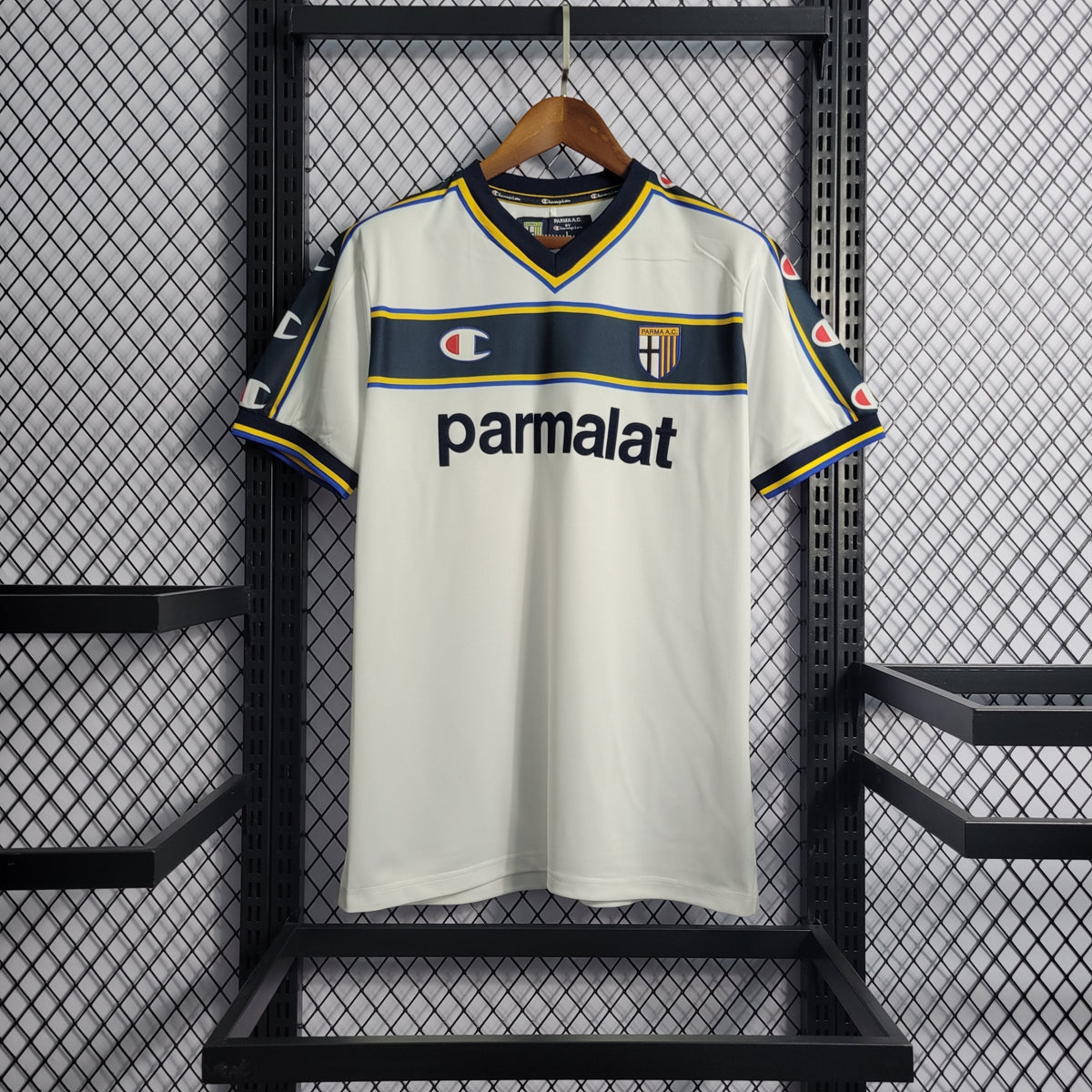 Camisa Parma Away 2002/03 - Champion Retrô Masculina - Branca/Azul