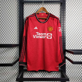 Camisa Manga Longa Manchester United Home 2023/24 - Adidas Torcedor Masculina - Vermelha/Preta