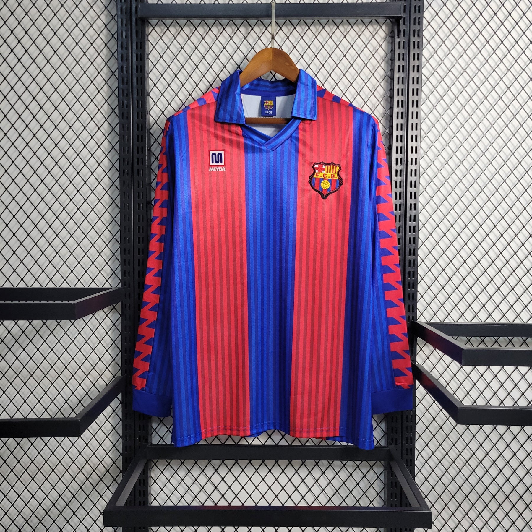 Camisa Barcelona Manga Longa Home 1992 - Meyba Retrô Masculina - Vermelha/Azul