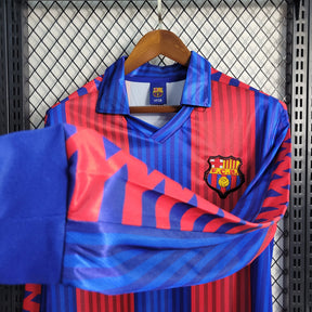 Camisa Barcelona Manga Longa Home 1992 - Meyba Retrô Masculina - Vermelha/Azul