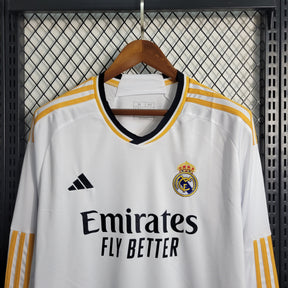 Camisa Manga Longa Real Madrid Home 2023/24 - Adidas Torcedor Masculina - Branca/Amarela