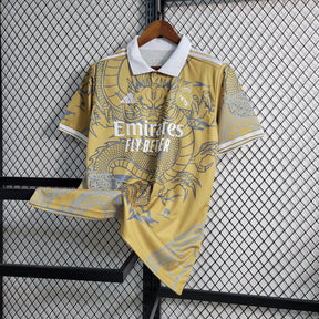 Camisa Real Madrid 2023/24 - Adidas Torcedor Masculina - Edição Especial Dragão - Caramelo/Branca