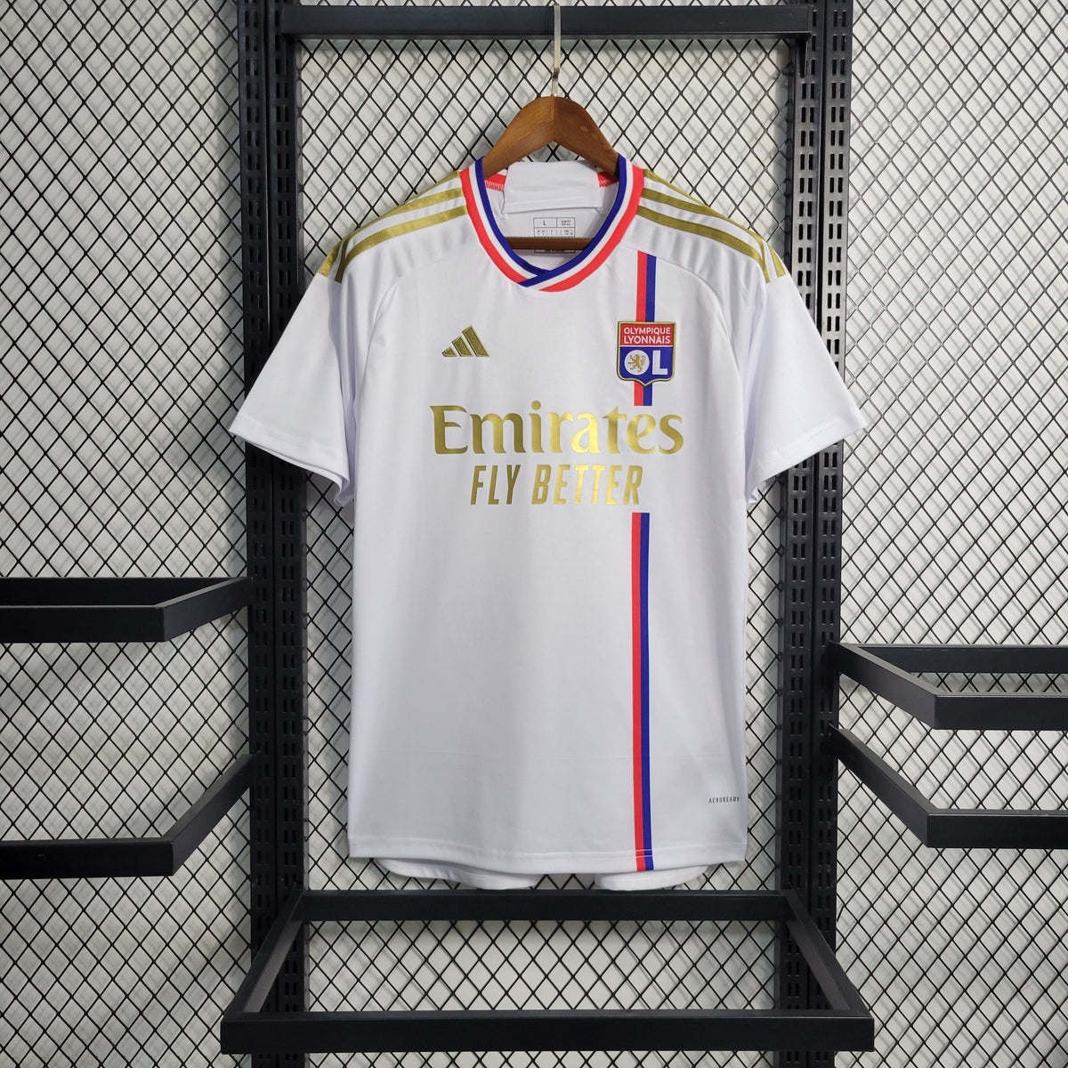 Camisa Lyon Home 2023/24 - Adidas Torcedor Masculina - Branca/Dourada