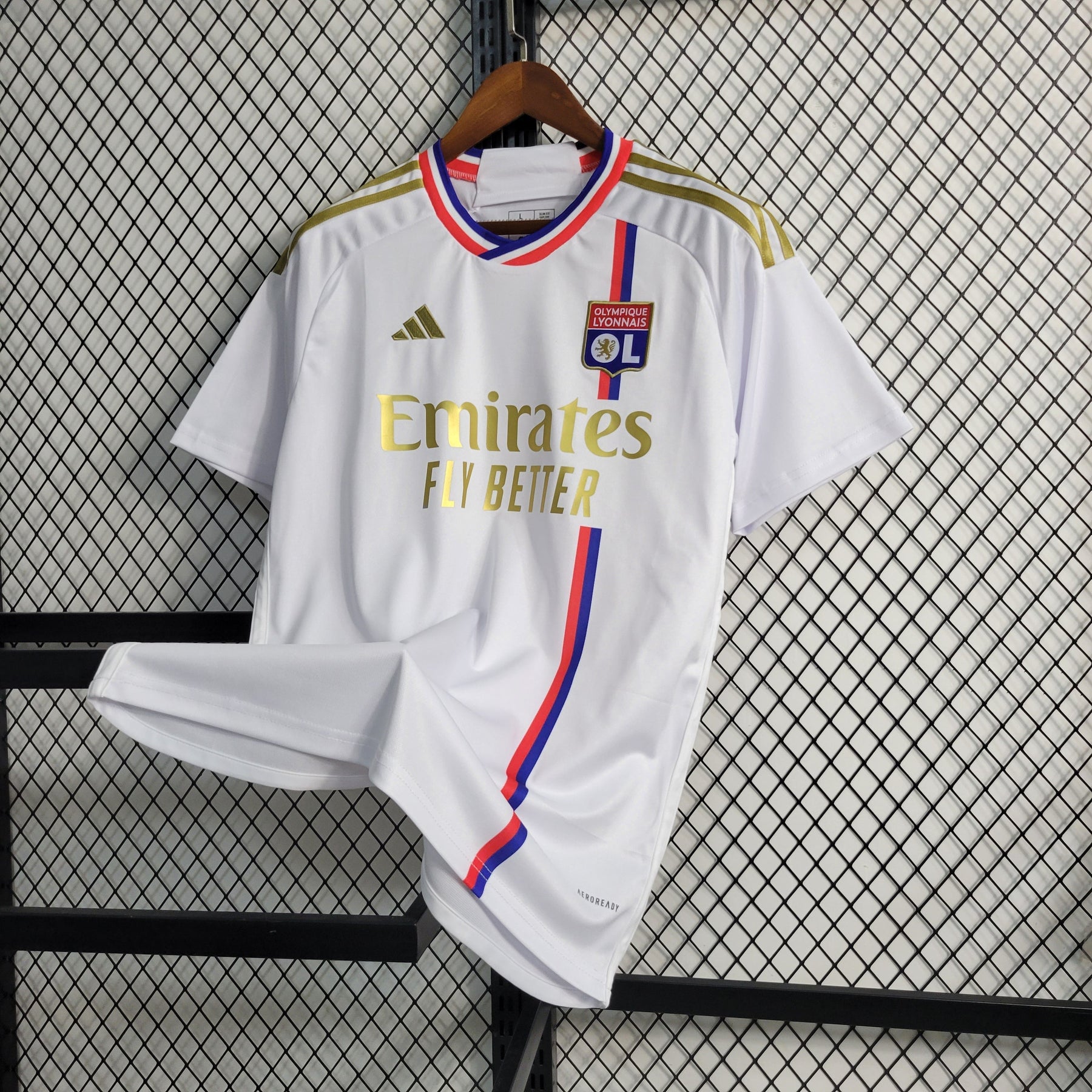 Camisa Lyon Home 2023/24 - Adidas Torcedor Masculina - Branca/Dourada