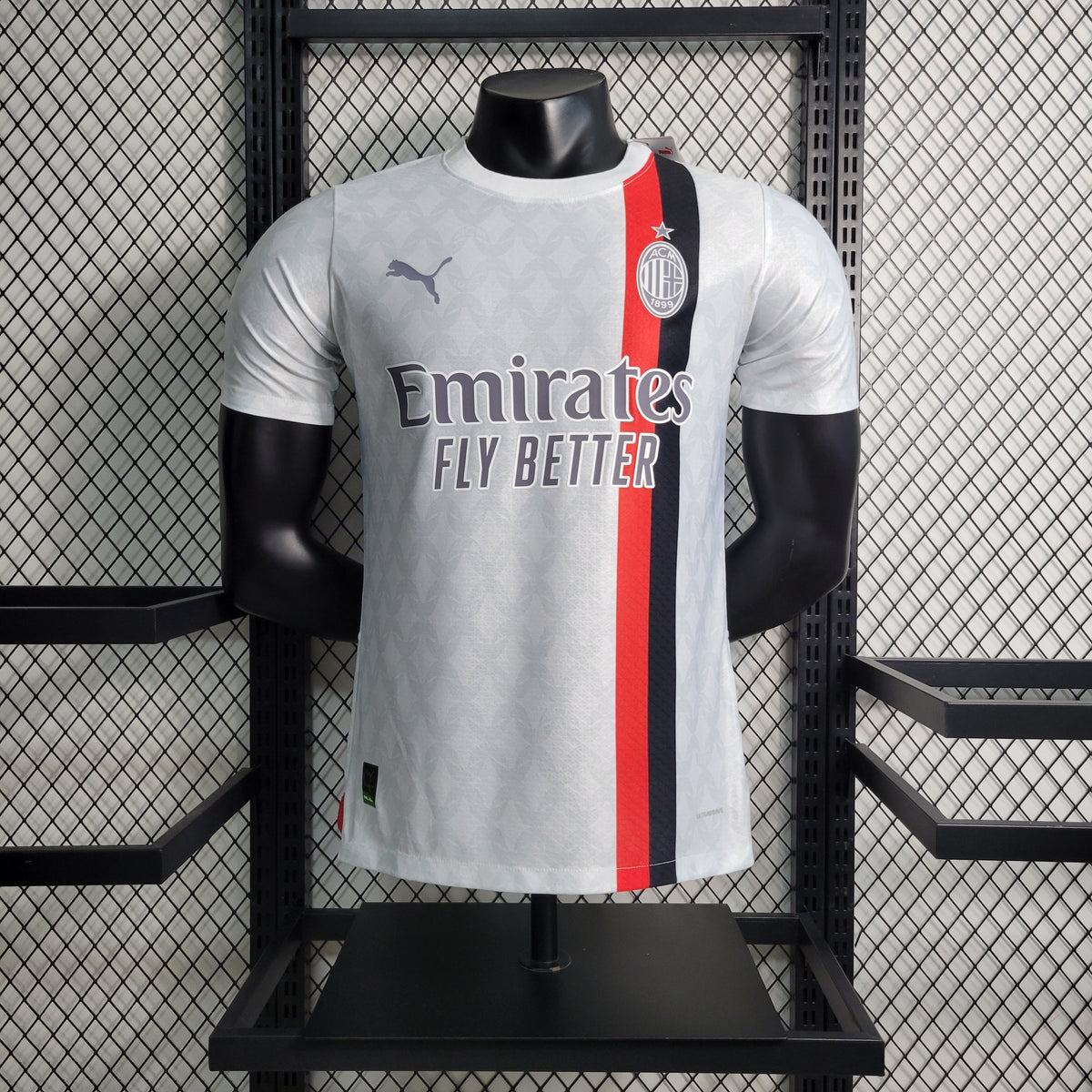 Camisa Milan Away 2023/24 - Puma Jogador Masculina - Branca/Preta/Vermelha